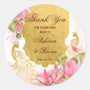 Sticker Rond Mariage indien lotus paon rose et or