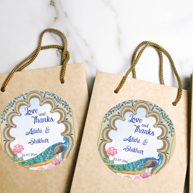 Sticker Rond Mariage indien paon Rajasthan fenêtre bleu (Indian wedding thank you favor gift stickers Rajasthan window border blue peacock favor stickers)