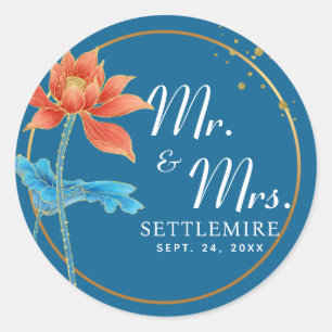 Sticker Rond Mariage Lotus Flower Orange & Blue M. et Mme.
