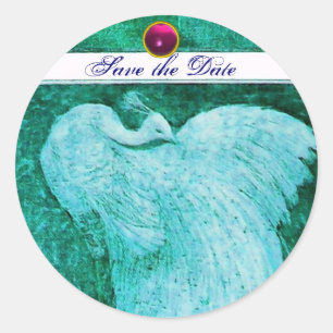 Sticker Rond MARIAGE LOVE PEACOCK blanc, améthyste rose bleu