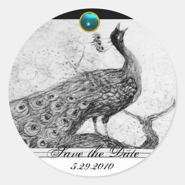 Sticker Rond MARIAGE LOVE PEACOCK blanc noir bleu aquamarine (Devant)