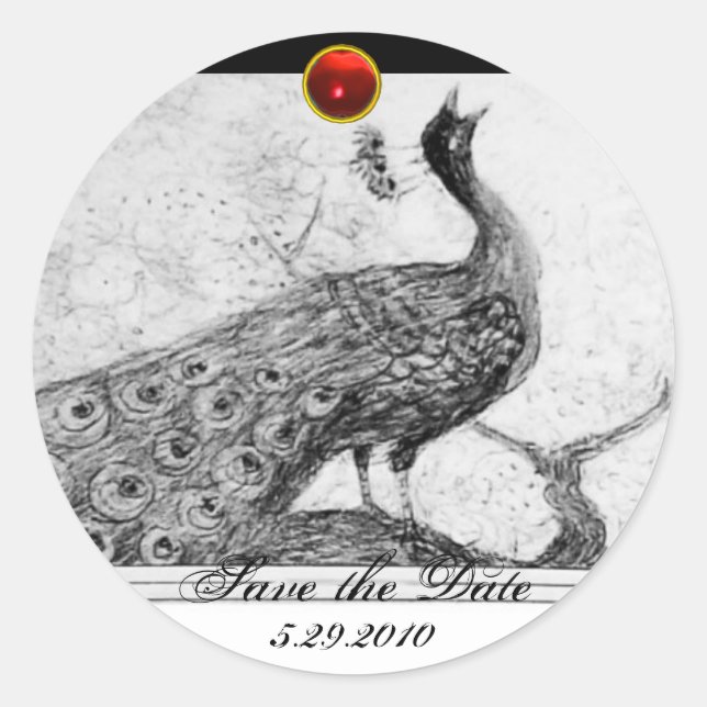 Sticker Rond MARIAGE LOVE PEACOCK blanc noir rouge rubis (Devant)