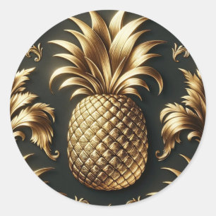 Sticker Rond Mariage Luxueux Tropical Ananas Noir & Or