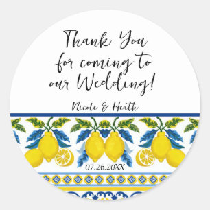 Sticker Rond Mariage méditerranéen à l'aquarelle bleu jaune cit