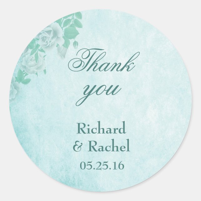 Sticker Rond mariage Merci à fleurs bleu (Devant)