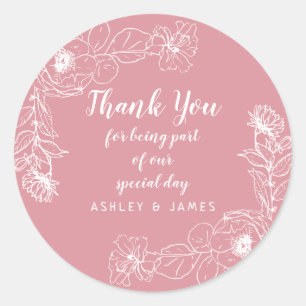 Sticker Rond Mariage Merci Blanc Floral Outline Rose rose