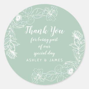 Sticker Rond Mariage Merci Blanc Floral Outline Vert
