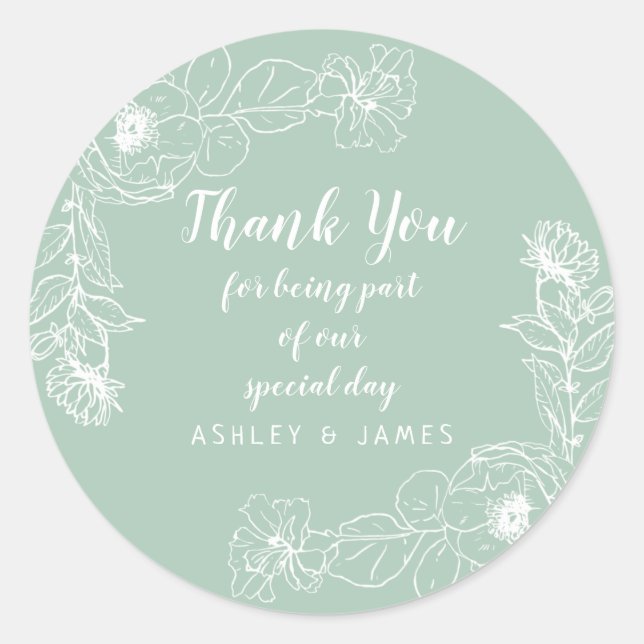 Sticker Rond Mariage Merci Blanc Floral Outline Vert (Devant)