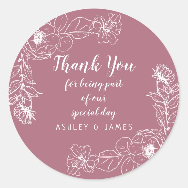 Sticker Rond Mariage Merci Blanc Floral Plan Cassis (Devant)