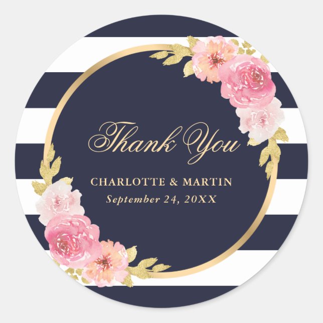 Sticker Rond Mariage Merci bleu bleu bleu or rose (Devant)