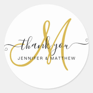 Sticker Rond Mariage Merci Élégant Script Or Blanc