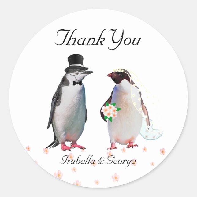 Sticker Rond Mariage Merci et couple de pingouins (Devant)