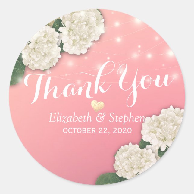 Sticker Rond Mariage Merci Fleurs Hydrangea Lumières à cordes (Devant)