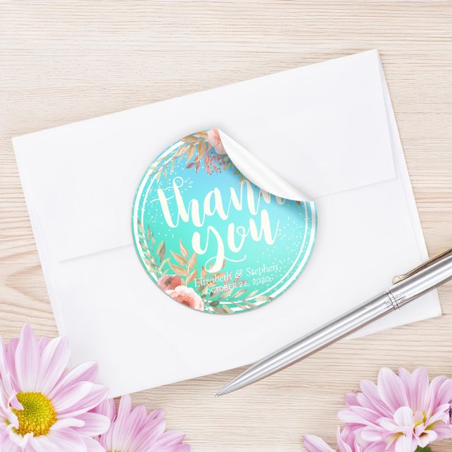 Sticker Rond Mariage Merci moderne rose Floral Turquoise or poi (Créateur téléchargé)