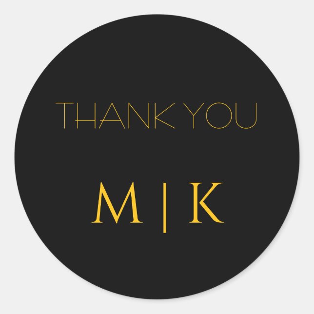 Sticker Rond Mariage Merci or jaune noir Monogrammes (Devant)
