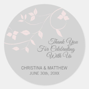 Sticker Rond Mariage Merci rose pastel gris