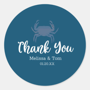 Sticker Rond Mariage Minimaliste Crabe Grill Bouillon Bleu Merc