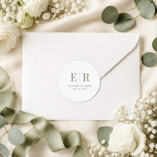 Sticker Rond Mariage minimaliste monogramme blanc et olive