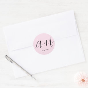 Sticker Rond Mariage minimaliste monogramme personnalisé rose