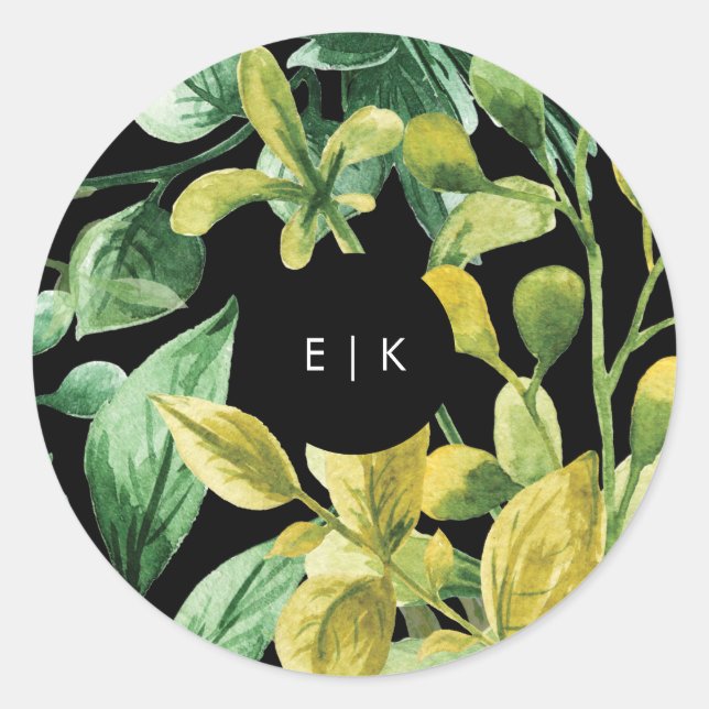Sticker Rond Mariage moderne à feuilles fraîches vertes (Devant)
