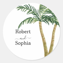 Sticker Rond Mariage Moderne à l'Aquarelle avec Palmier