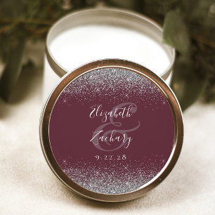 Sticker Rond Mariage Moderne Bordure Burgundy Pailleté Argent