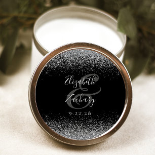 Sticker Rond Mariage Moderne Bordure Pailletée Noir Argent