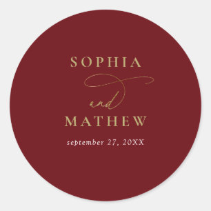 Sticker Rond Mariage Moderne Calligraphié en Bourgogne Or