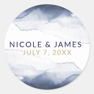 Sticker Rond Mariage Moderne Chic Bleu Nuit Aquarelle
