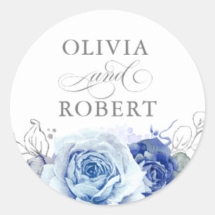 Sticker Rond Mariage Moderne Floral Boho Bleu Poussiéreux