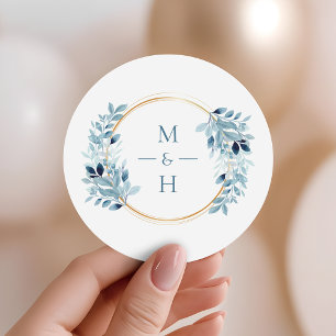 Sticker Rond Mariage Moderne Monogramme avec Verdure Bleu Pouss