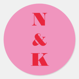 Sticker Rond Mariage Moderne Monogramme Gras Rouge Rose Clair 
