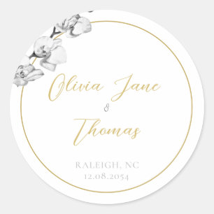 Sticker Rond Mariage moderne simple Black White Gold Orchidées