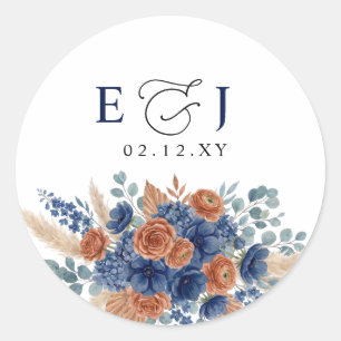 Sticker Rond Mariage Moderne Terracotta Bleu Marine Pampas Verd