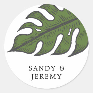 Sticker Rond Mariage Moderne Tropical Feuille de Palmier Verte