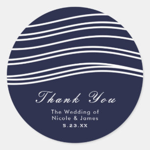 Sticker Rond Mariage Moderne Vague Bleu Marine et Blanc
