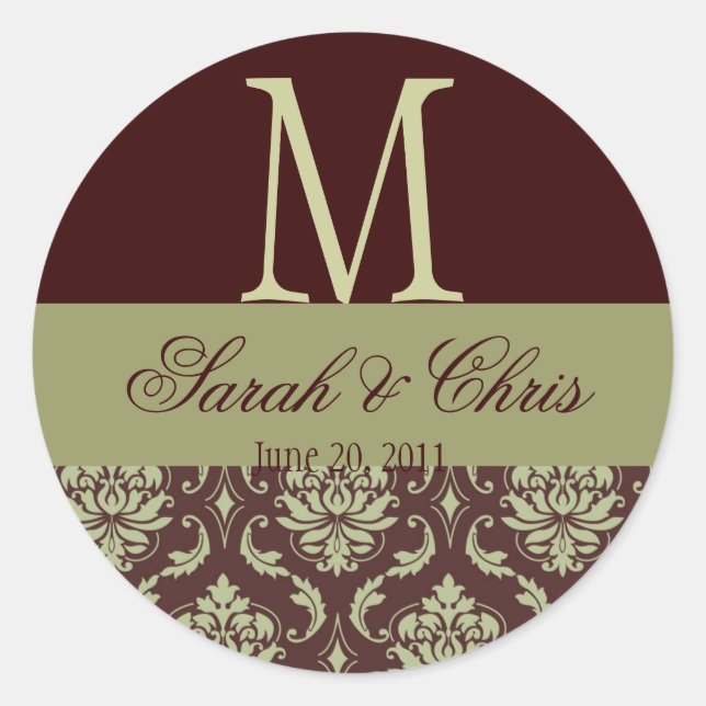 Sticker Rond Mariage Monogram Damask Brown Taupe Seal (Devant)