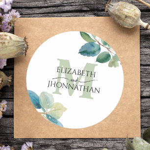 Sticker Rond Mariage monogrammé à eucalyptus vert