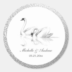 Sticker Rond mariage monogramme argent texturé cygne blanc