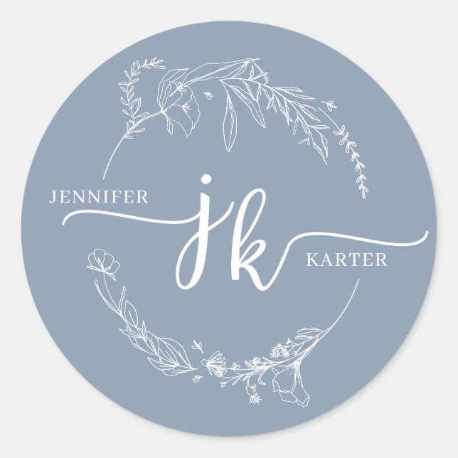 Sticker Rond Mariage monogramme bleu foncé à couronne florale m (Devant)