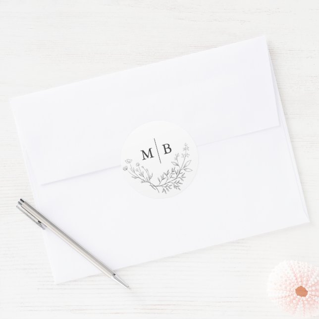 Sticker Rond Mariage monogramme botanique minimal (Enveloppe)