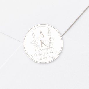Sticker Rond Mariage Monogramme Crête Taupe Pâle