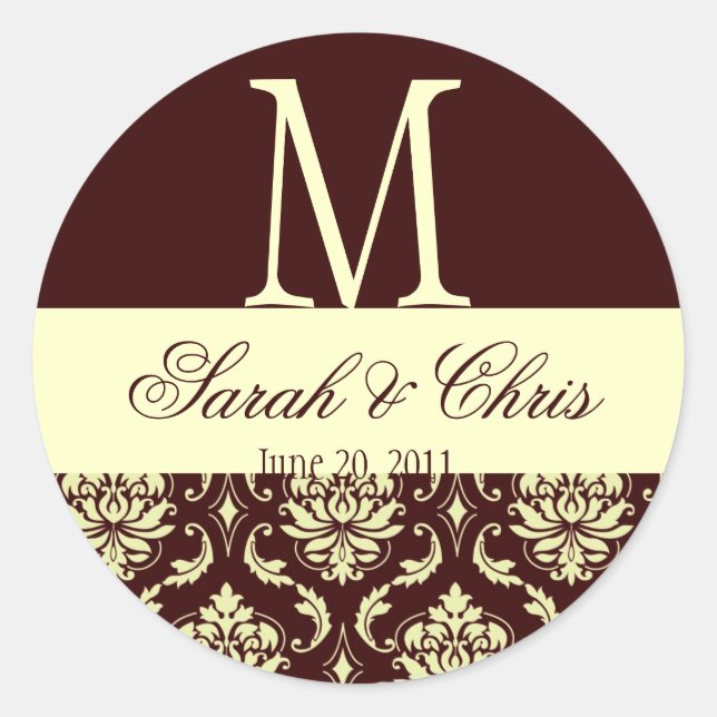Sticker Rond Mariage Monogramme Damask Sceau Brown d'ivoire (Devant)