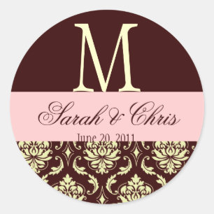 Sticker Rond Mariage Monogramme Damask Sceau d'ivoire rose Brow