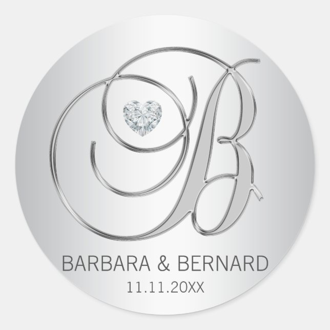 Sticker Rond Mariage monogramme d'argent élégant personnalisé (Devant)