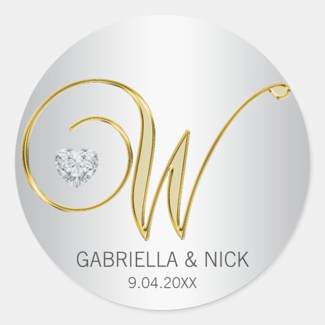 Sticker Rond Mariage monogramme d'or d'argent sur mesure (Devant)
