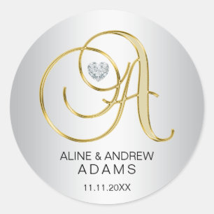 Sticker Rond Mariage monogramme d'or d'argent sur mesure