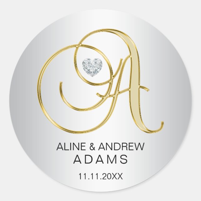 Sticker Rond Mariage monogramme d'or d'argent sur mesure (Devant)