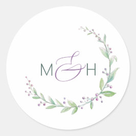 Sticker Rond Mariage monogramme du feuillage vert mauve