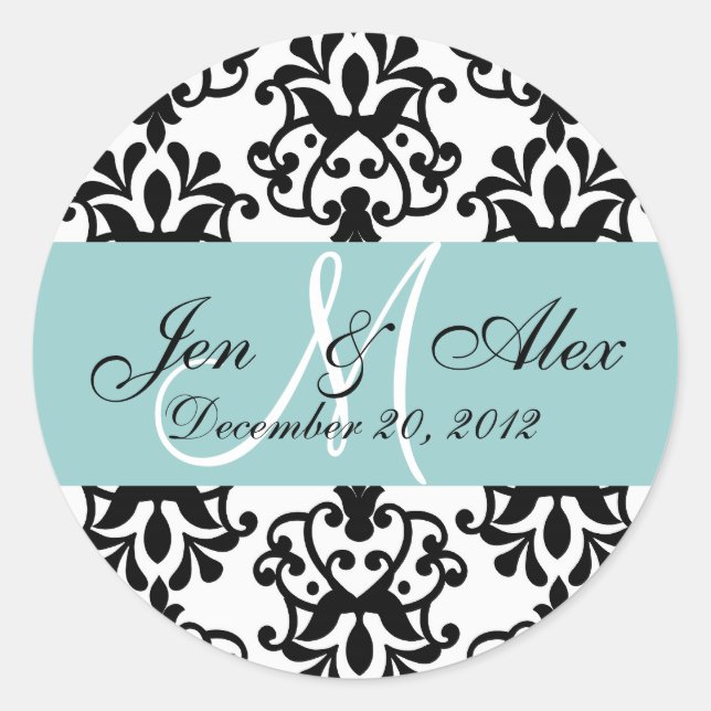 Sticker Rond Mariage Monogramme Enregistrer Date Damask Blue Se (Devant)